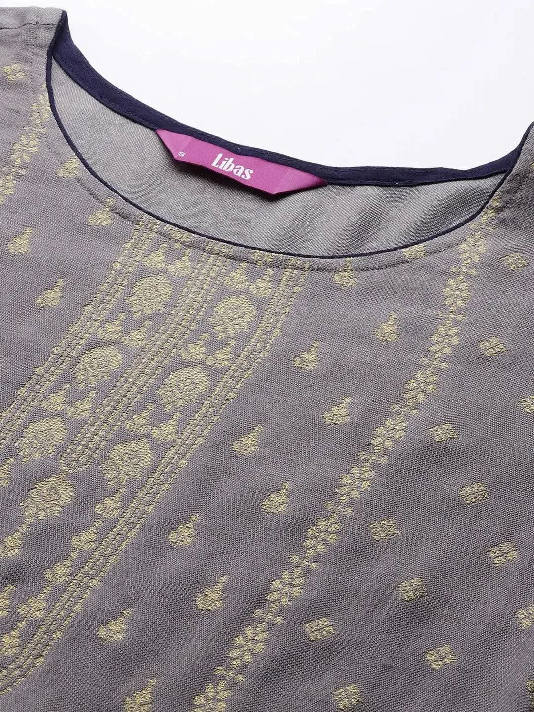 Grey Self Design Pashmina Wool Straight Suit Set - Libas 
