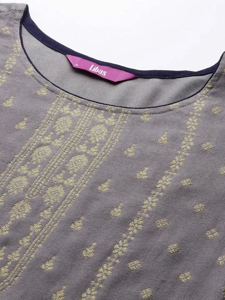 Grey Self Design Pashmina Wool Straight Suit Set - Libas