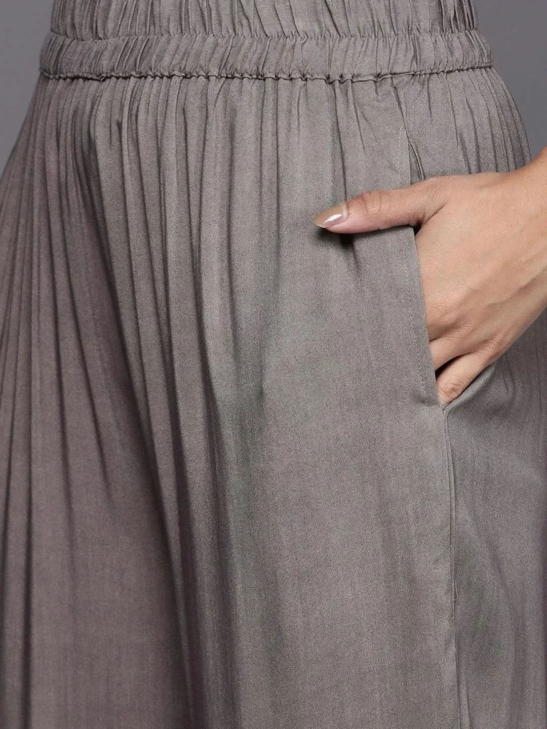 Grey Self Design Pashmina Wool Straight Suit Set - Libas 