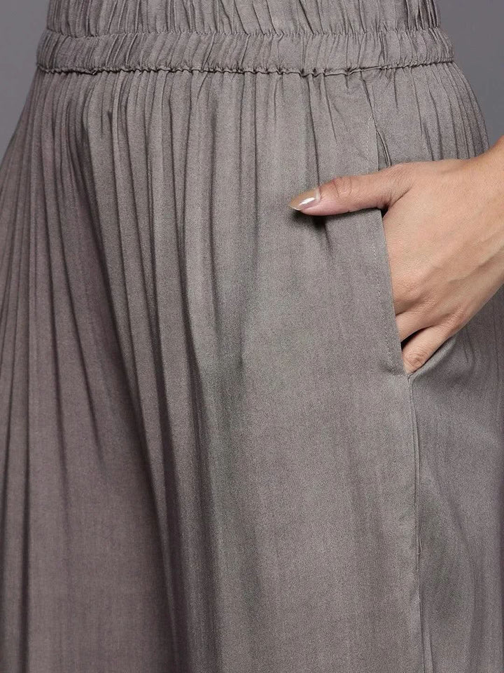Grey Self Design Pashmina Wool Straight Suit Set - Libas