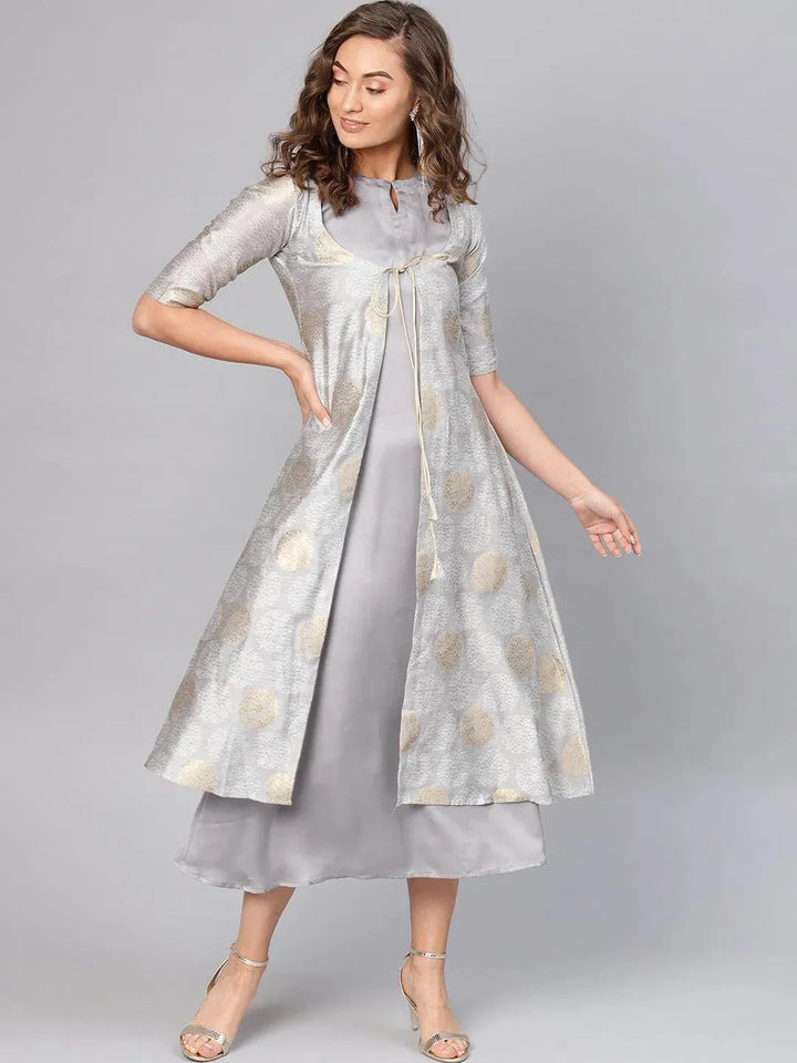 Grey Self Design Polyester Dress With Jacket - Libas