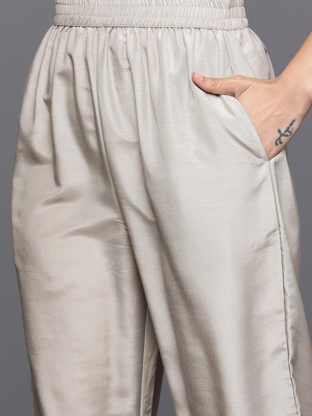 Grey Self Design Rayon Straight Kurta With Trousers & Dupatta - Libas
