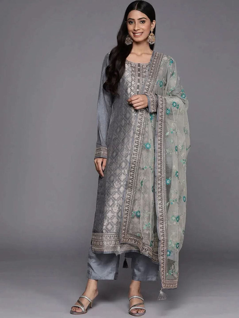 Libas Grey Self Design Silk Blend Straight Kurta With Dupatta