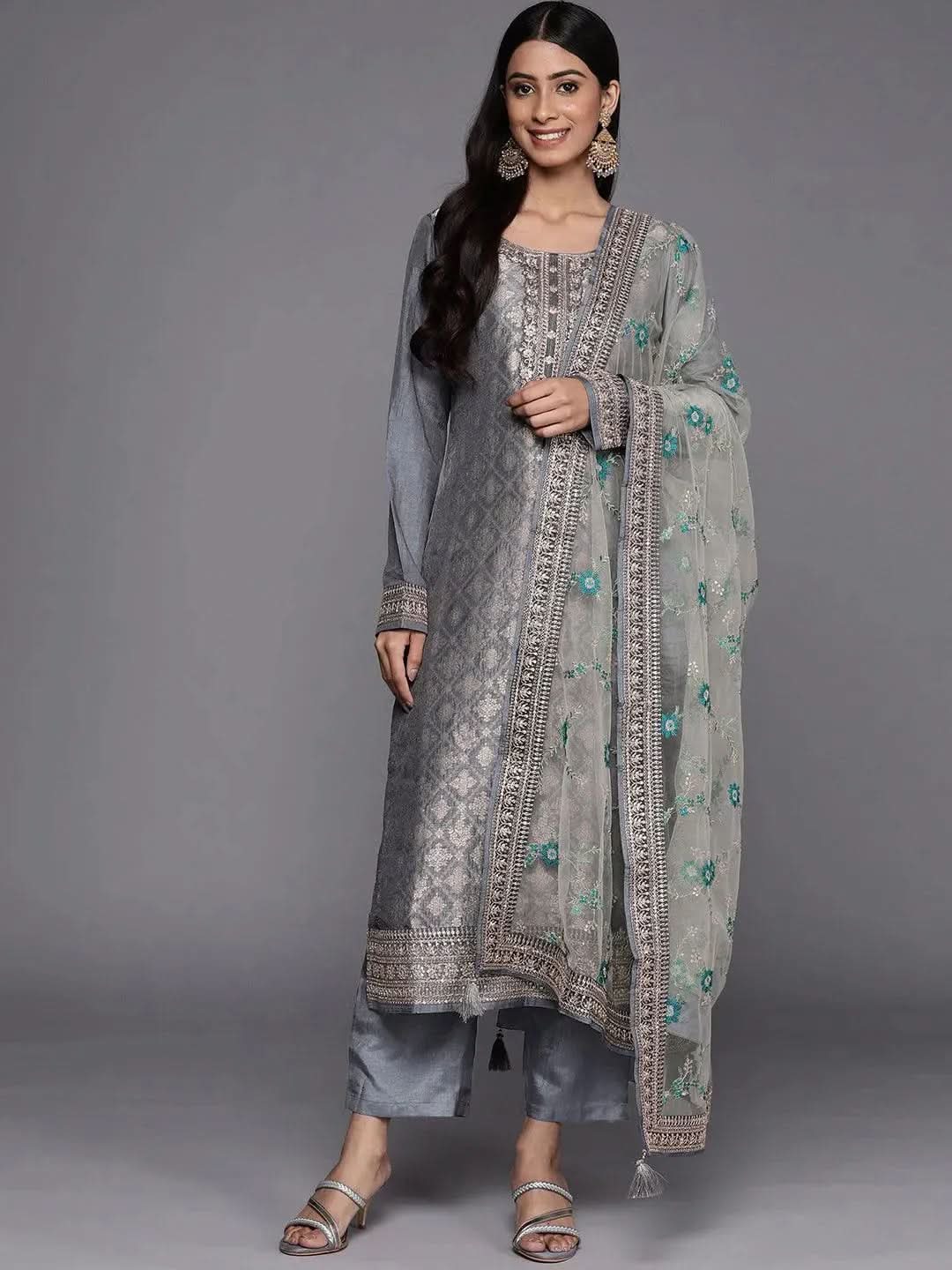 

Grey Self Design Silk Blend Straight Kurta With Dupatta