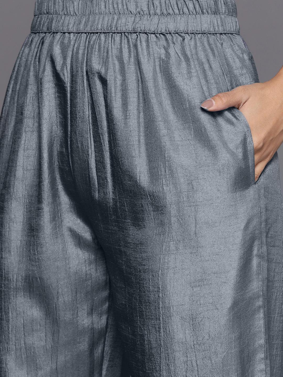 Grey Self Design Silk Blend Straight Suit Set - Libas