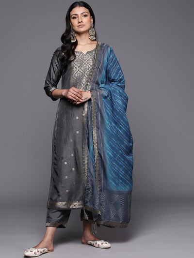 Grey Self Design Silk Blend Straight Suit Set With Trousers - Libas