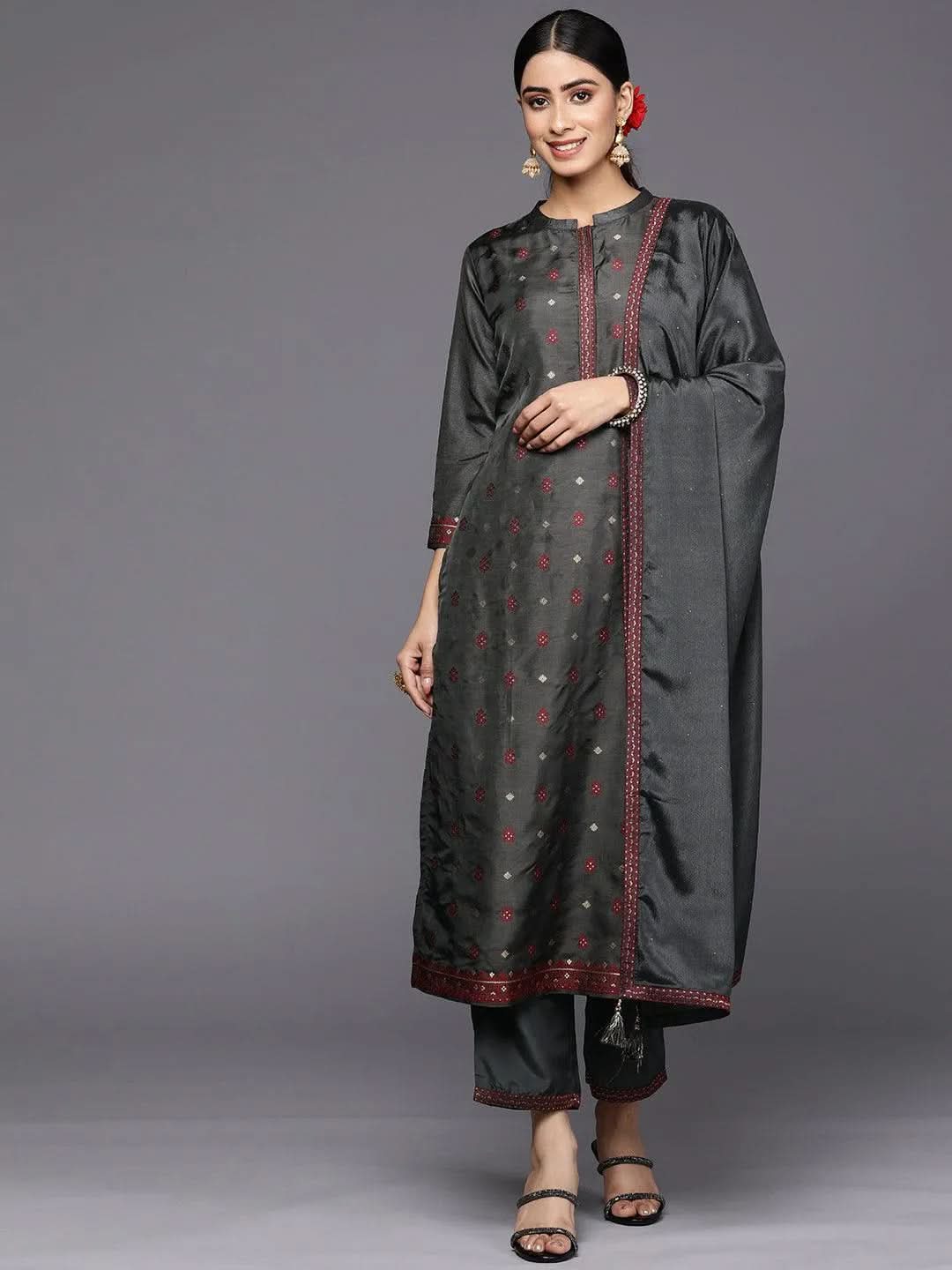 

Grey Self Design Silk Blend Straight Kurta With Trousers & Dupatta