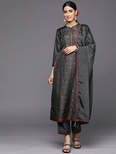 Grey Self Design Silk Blend Straight Suit Set With Trousers - Libas