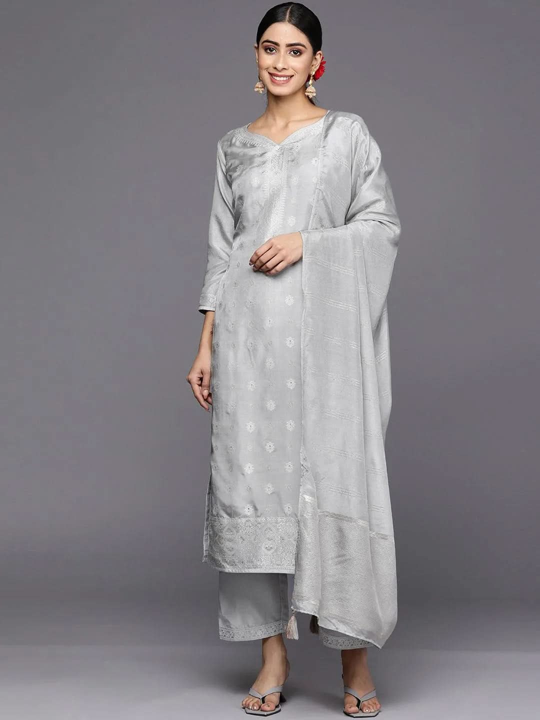 Grey Self Design Silk Blend Straight Kurta With Trousers & Dupatta-image-20