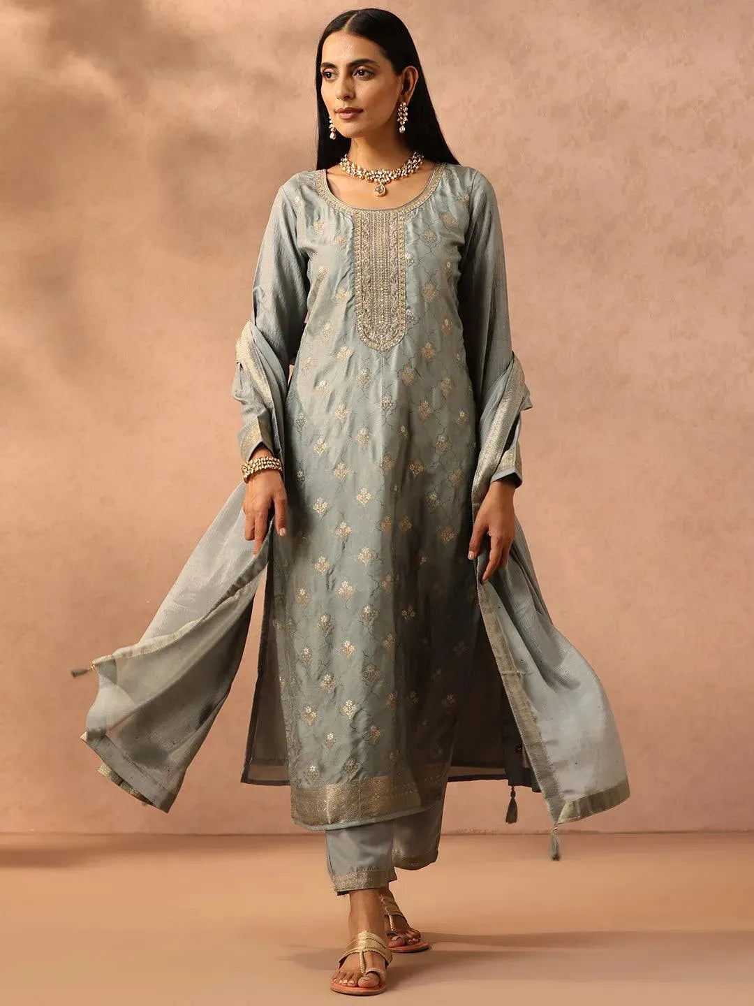 Grey Self Design Silk Blend Suit Set With Trousers - Libas