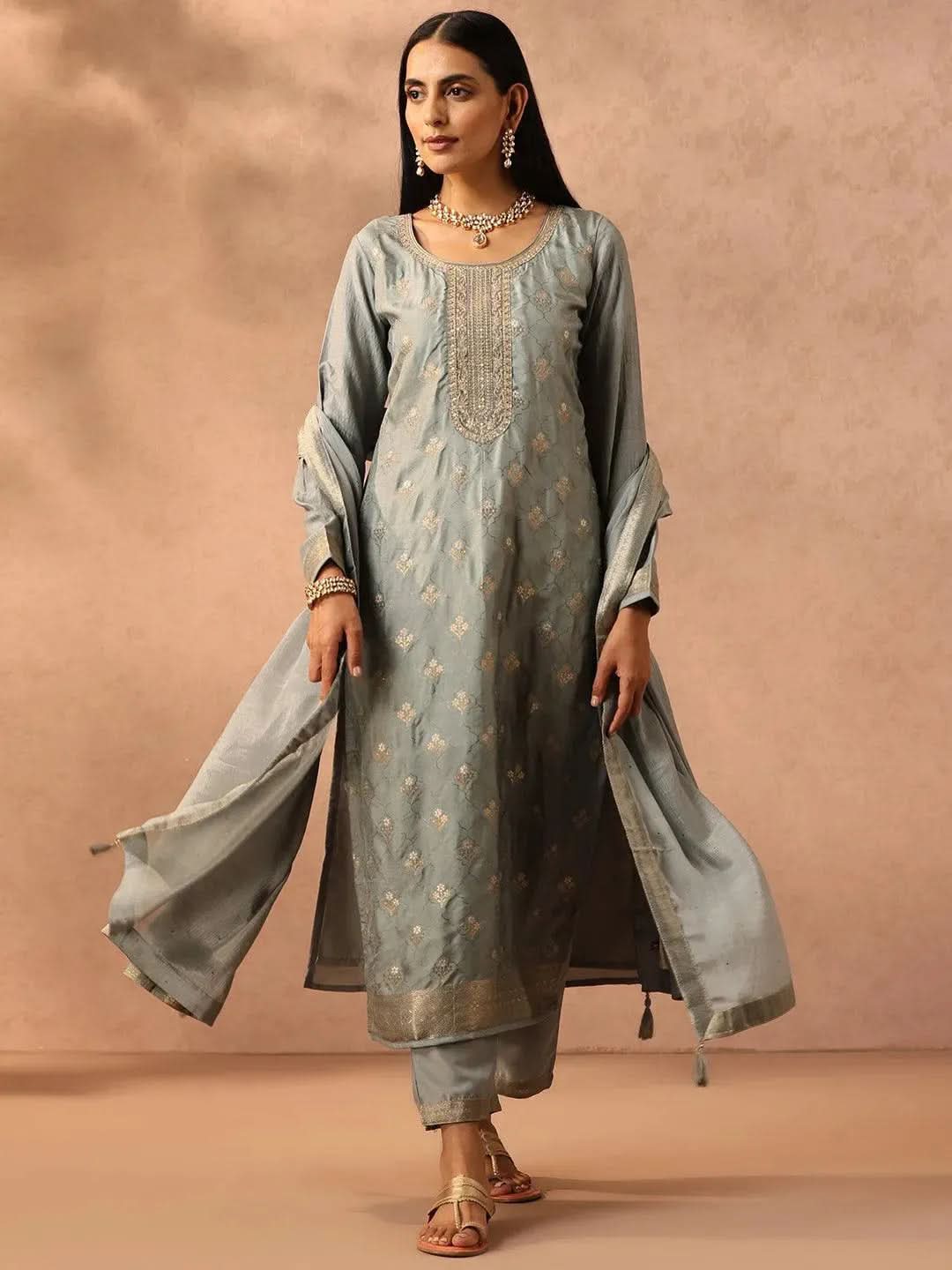 

Grey Self Design Silk Blend Straight Kurta With Trousers & Dupatta