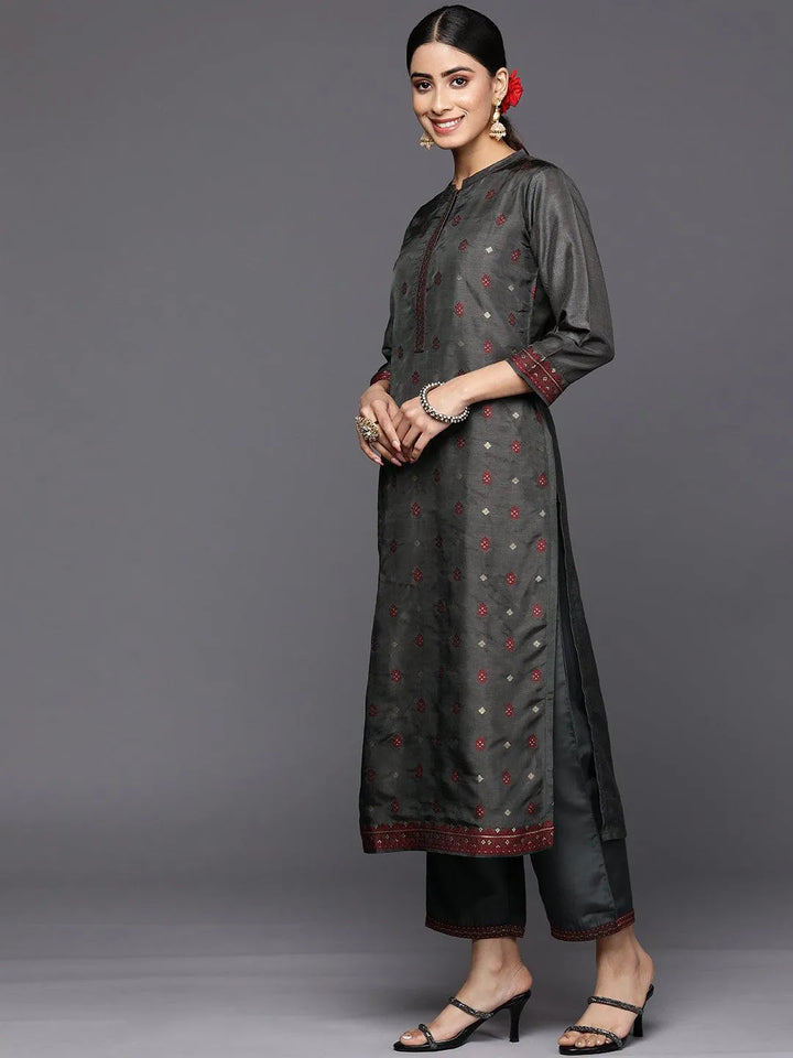 Grey Self Design Silk Blend Straight Suit Set With Trousers - Libas