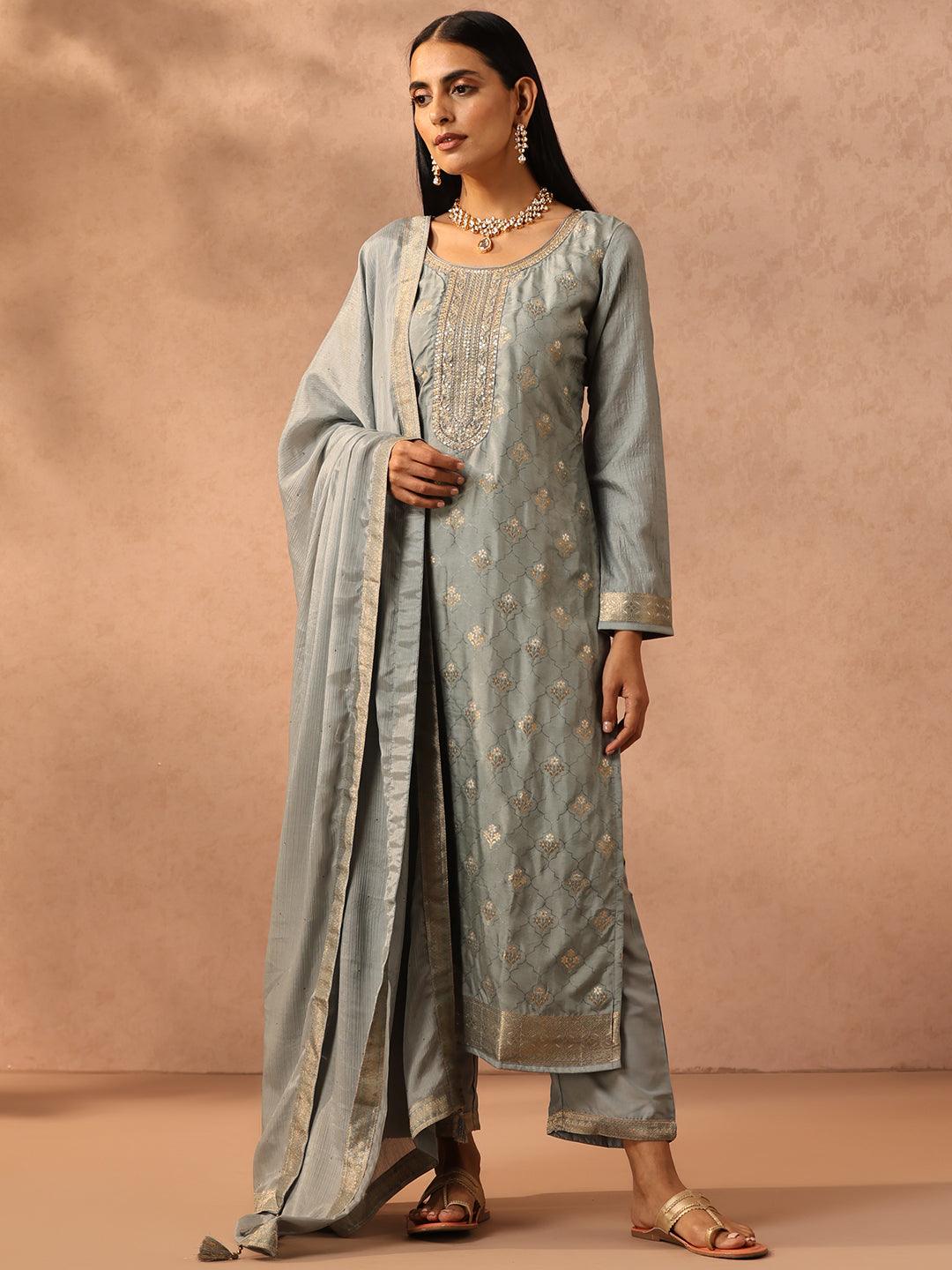 Grey Self Design Silk Blend Suit Set With Trousers - Libas