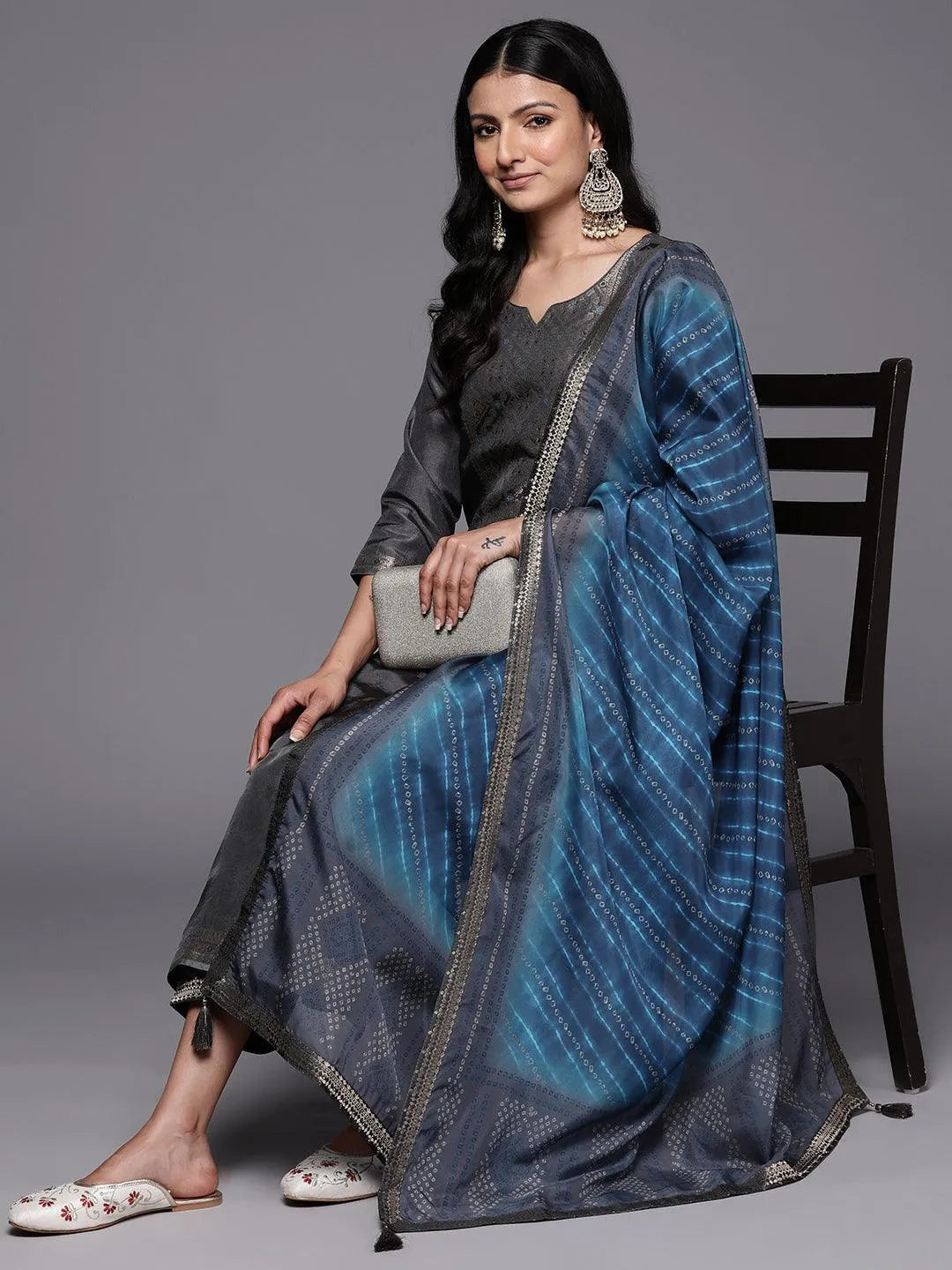 Grey Self Design Silk Blend Straight Suit Set With Trousers - Libas 