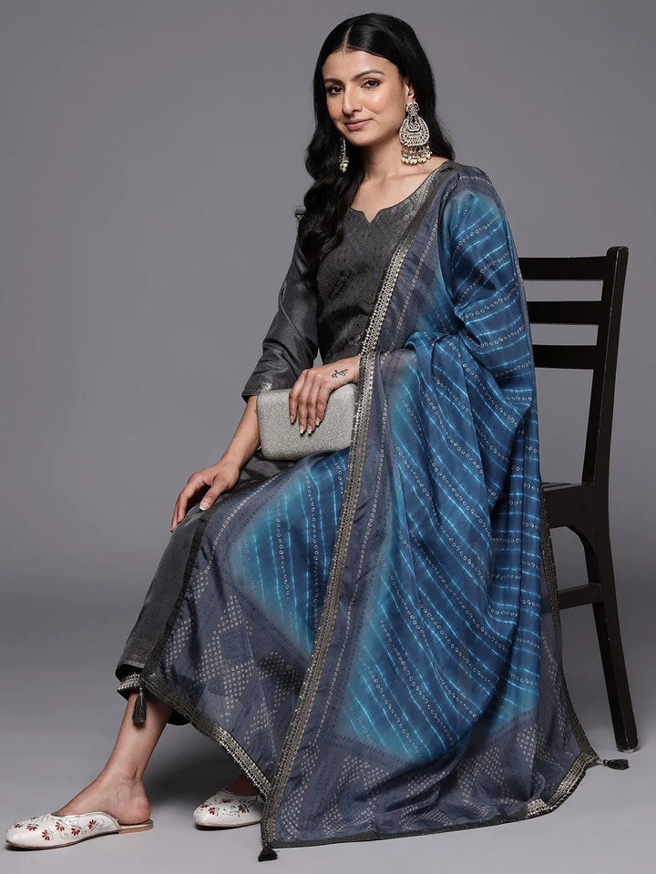 Grey Self Design Silk Blend Straight Suit Set With Trousers - Libas