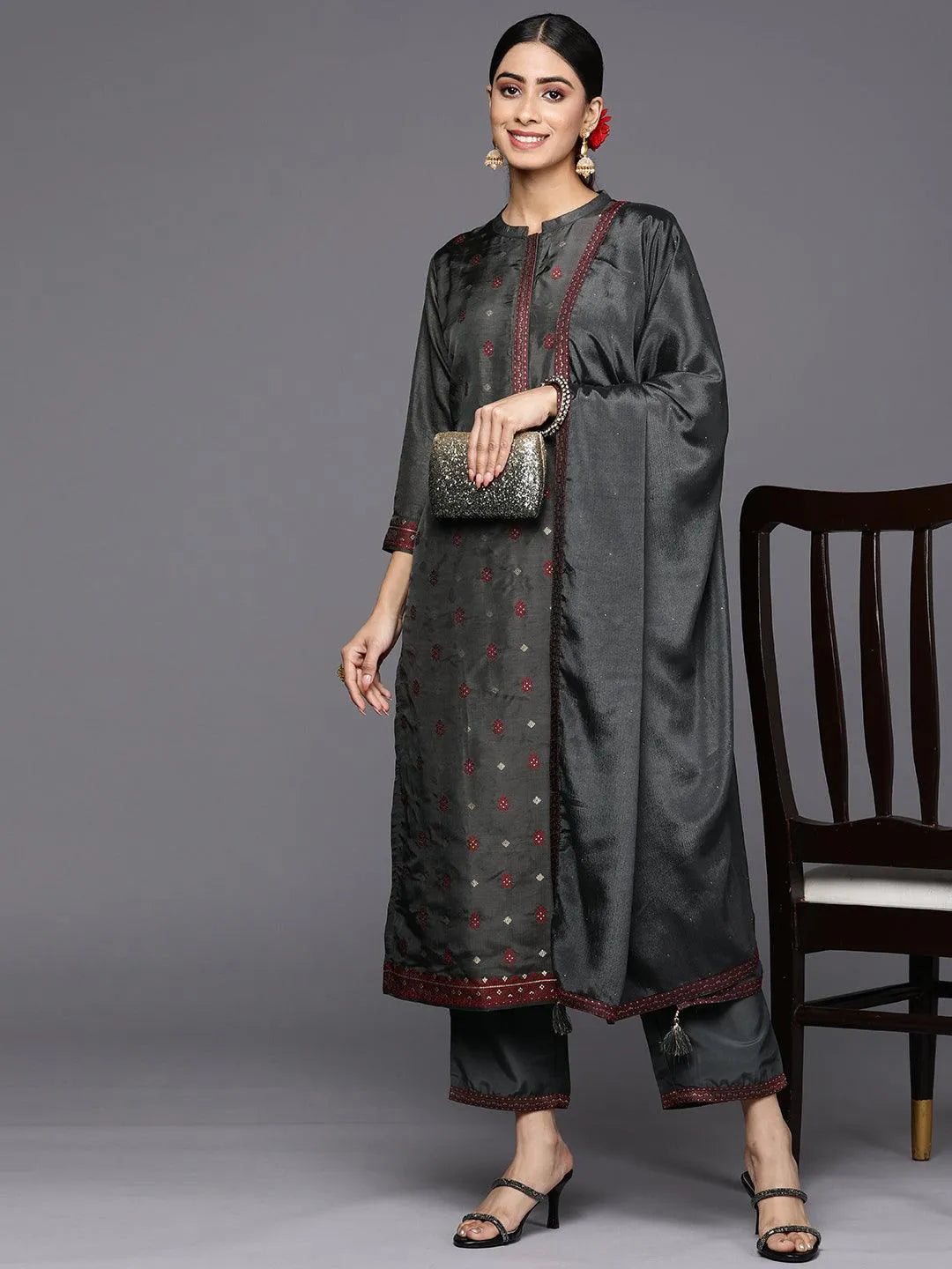 Grey Self Design Silk Blend Straight Suit Set With Trousers - Libas 
