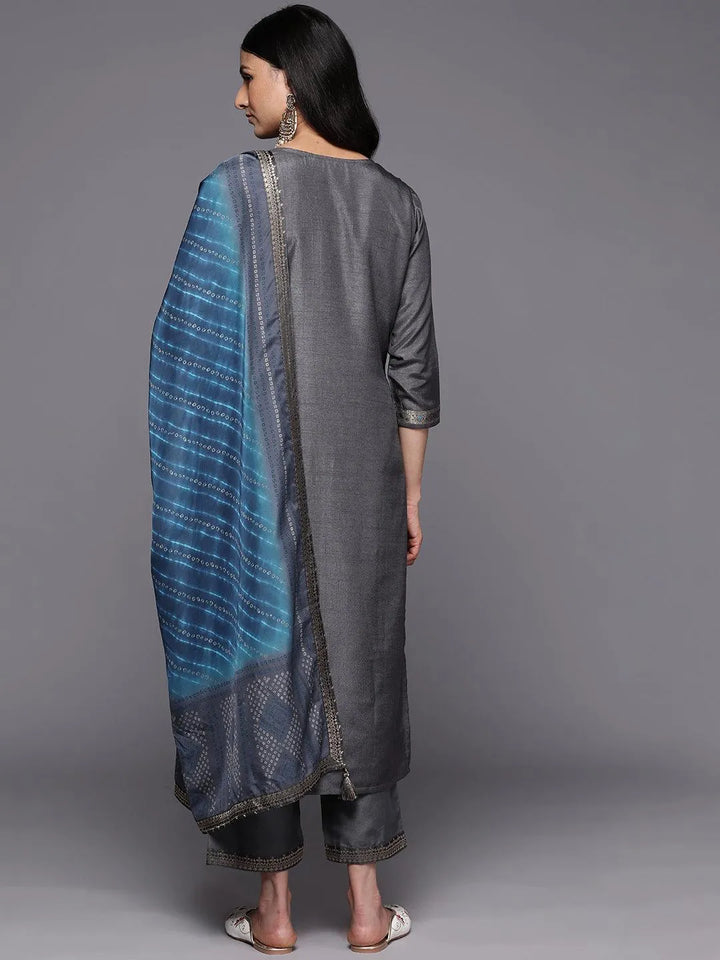 Grey Self Design Silk Blend Straight Suit Set With Trousers - Libas