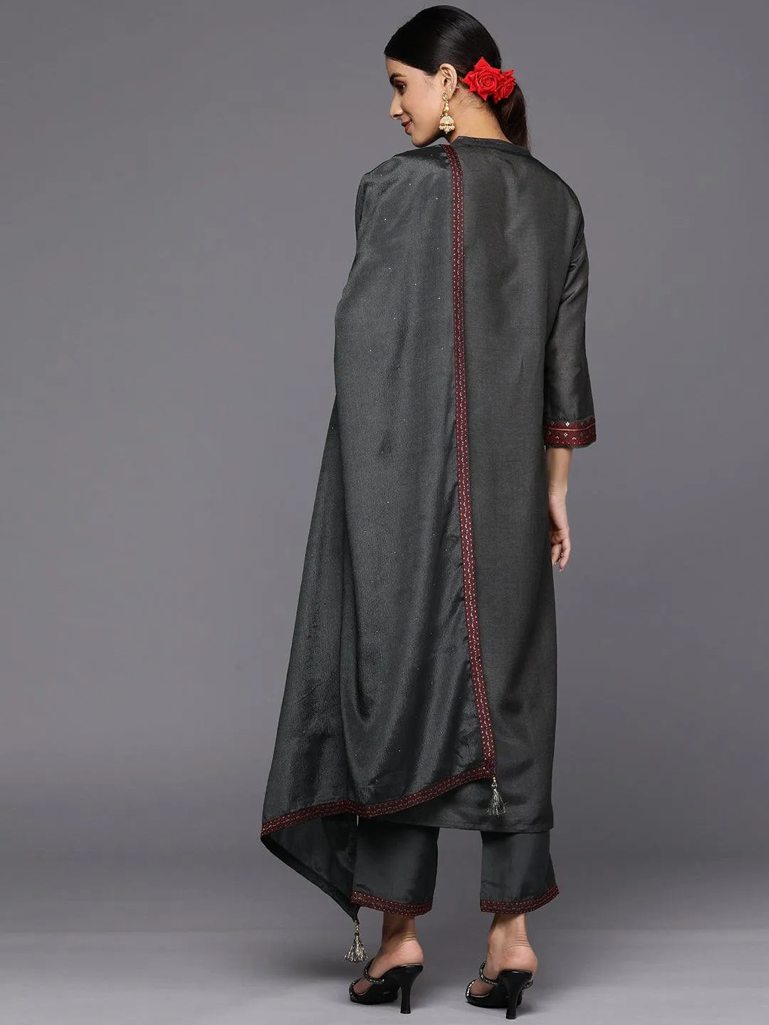 Grey Self Design Silk Blend Straight Suit Set With Trousers - Libas 