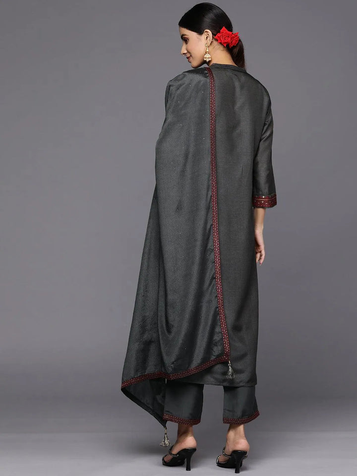 Grey Self Design Silk Blend Straight Suit Set With Trousers - Libas