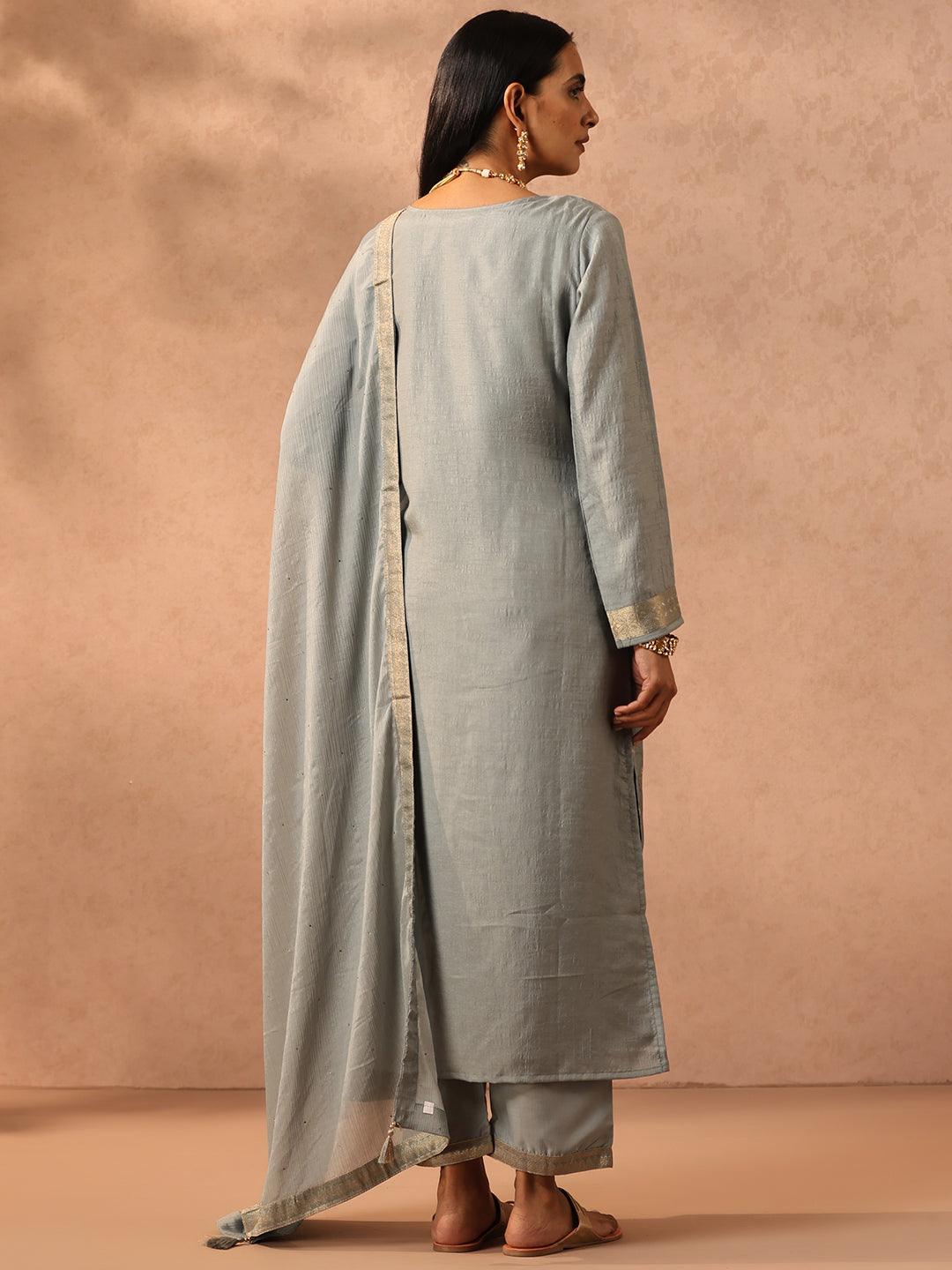 Grey Self Design Silk Blend Straight Kurta With Trousers & Dupatta