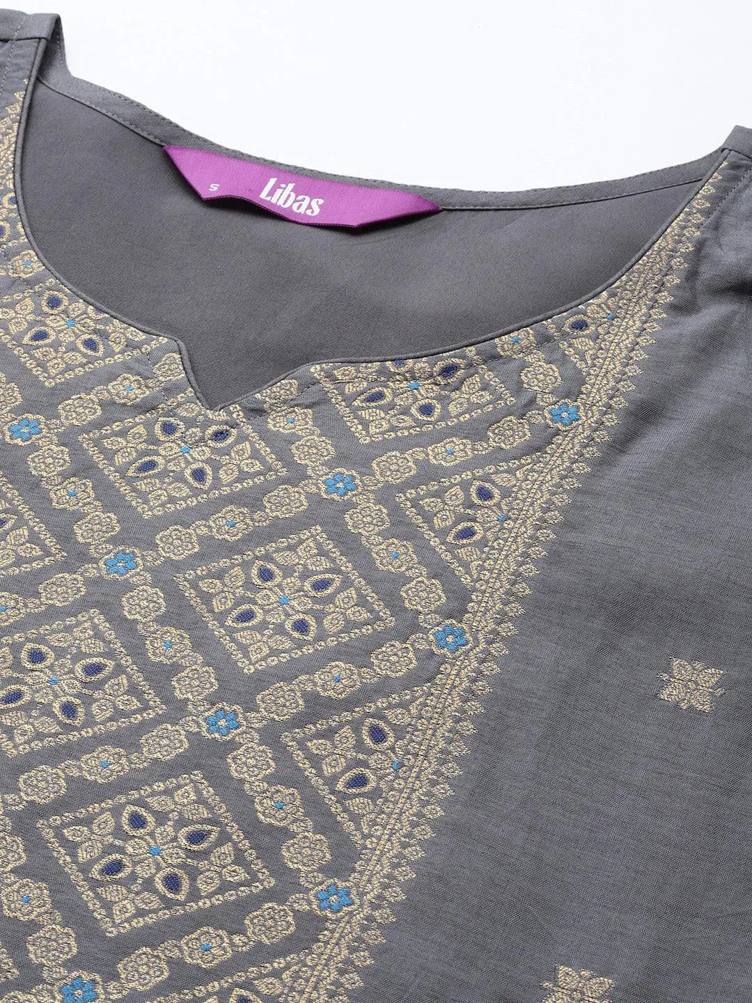 Grey Self Design Silk Blend Straight Suit Set With Trousers - Libas 