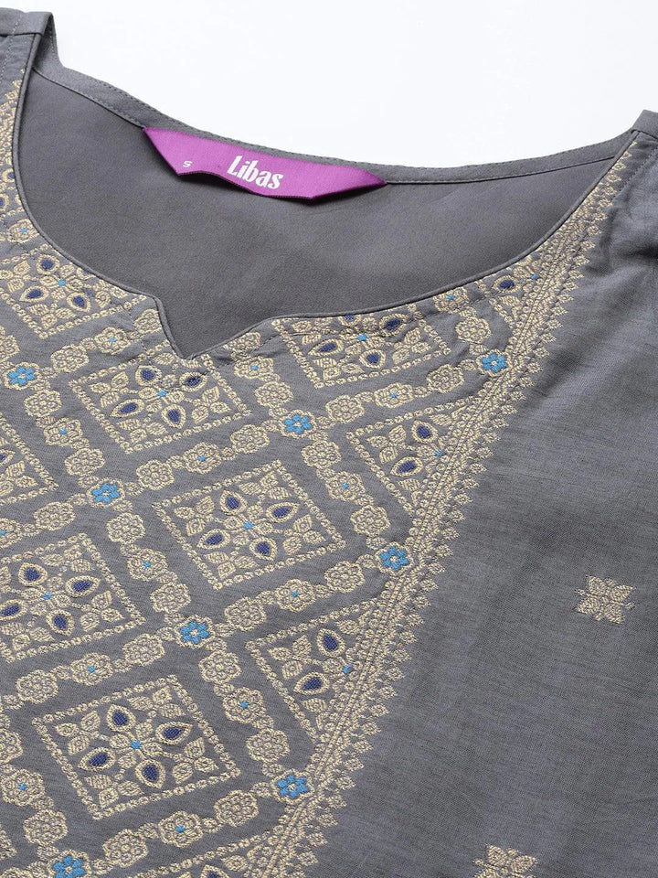 Grey Self Design Silk Blend Straight Suit Set With Trousers - Libas