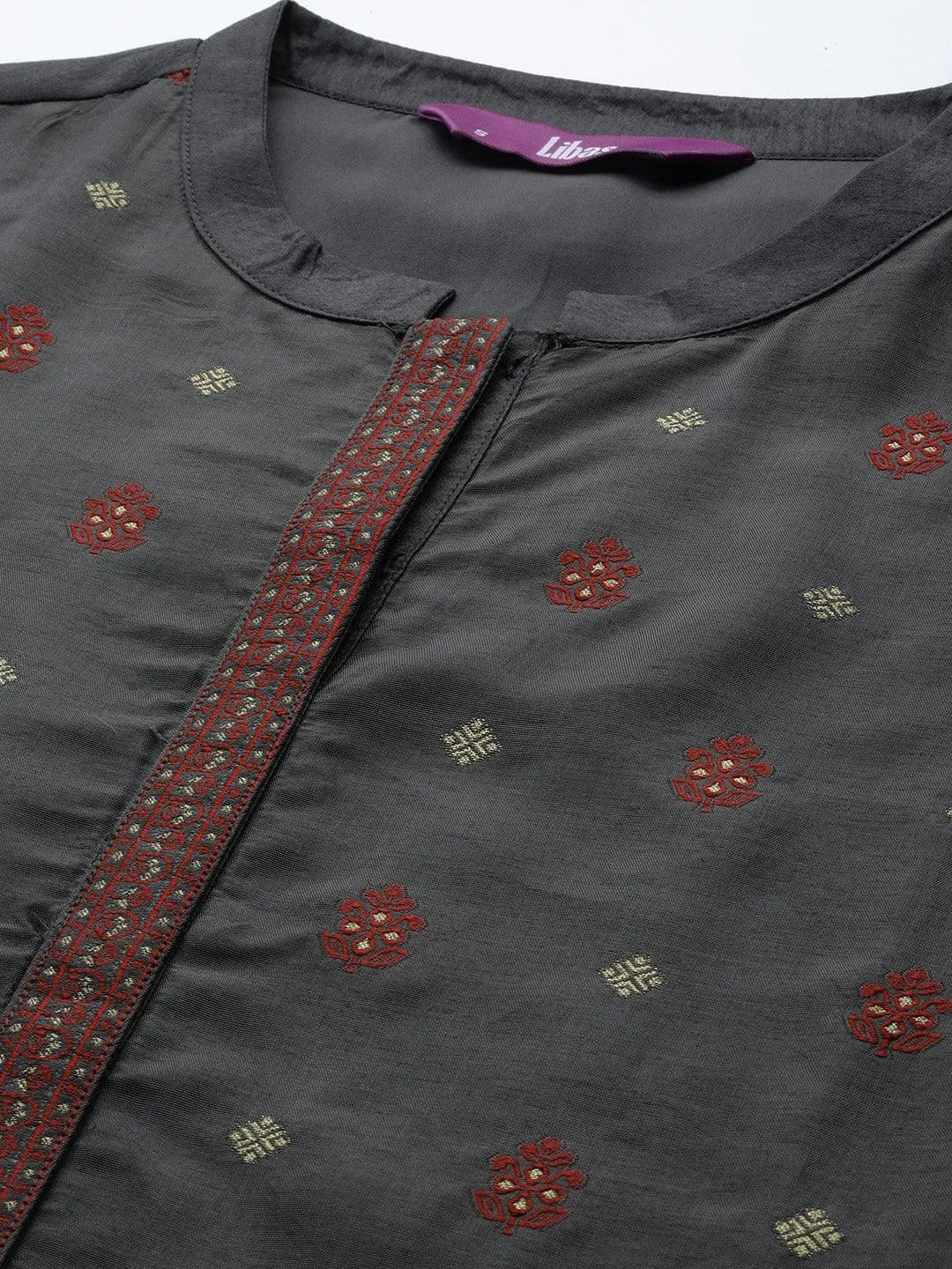 

Grey Self Design Silk Blend Straight Kurta With Trousers & Dupatta