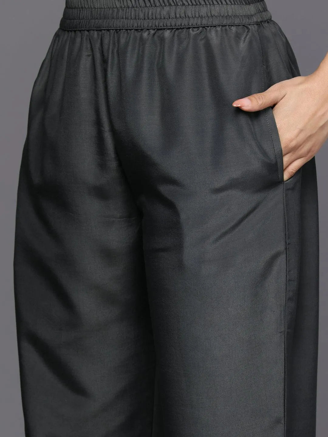 Grey Self Design Silk Blend Straight Suit Set With Trousers - Libas 