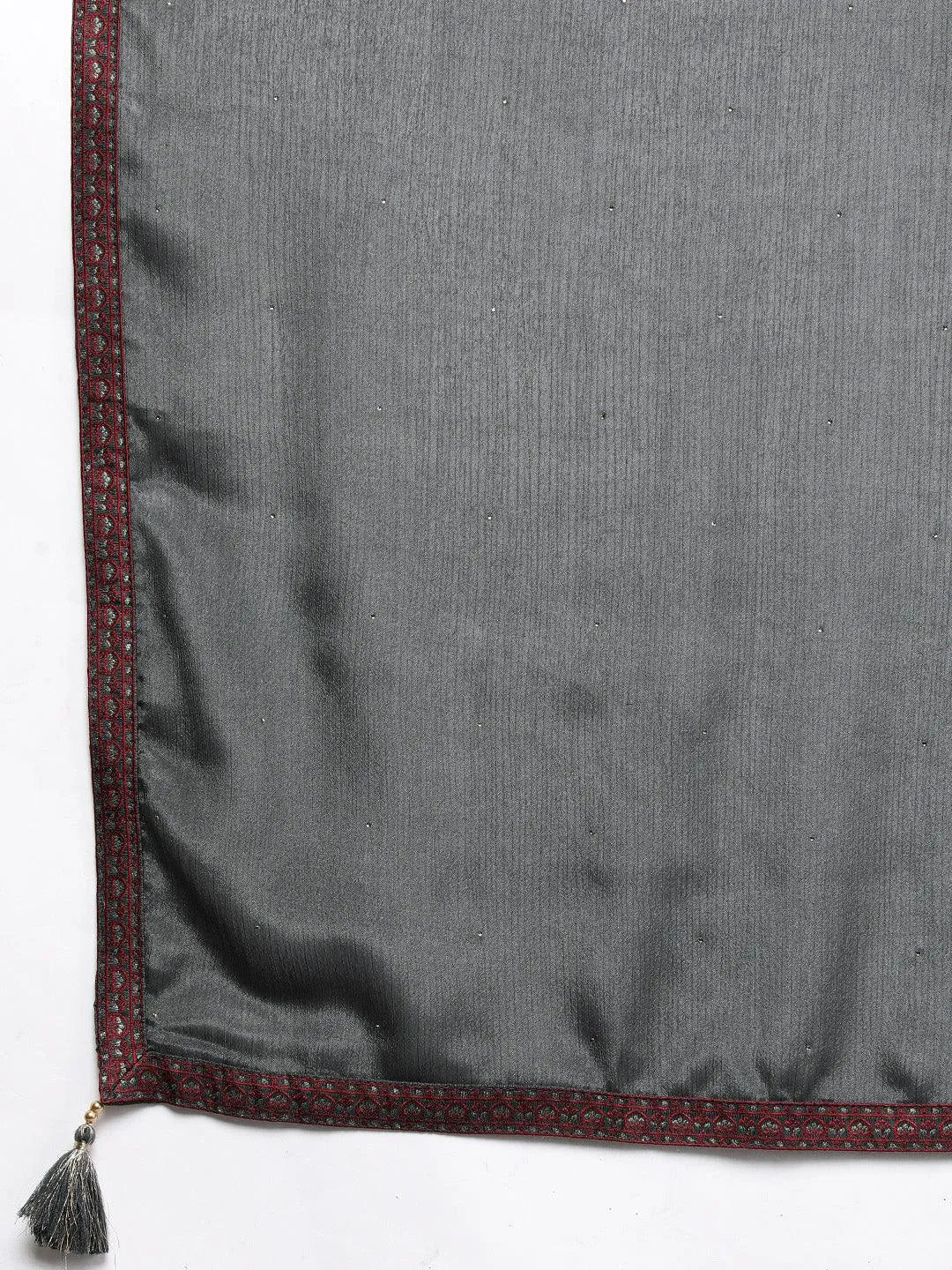 Grey Self Design Silk Blend Straight Suit Set With Trousers - Libas 