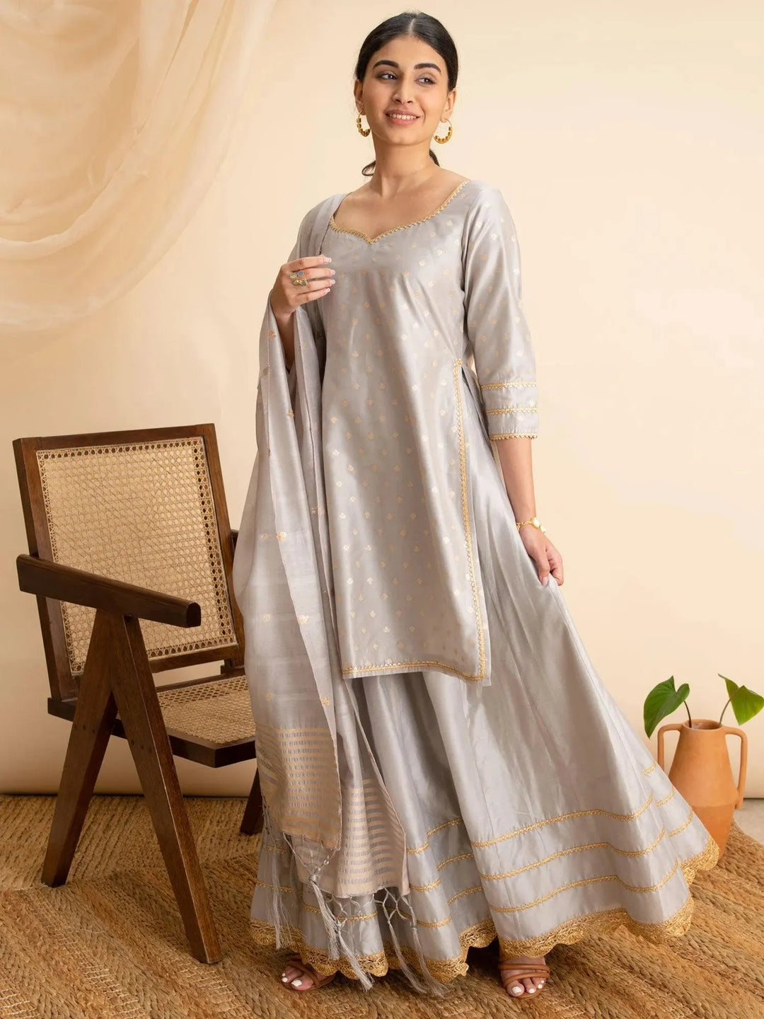 Grey Self Design Silk Suit Set - Libas