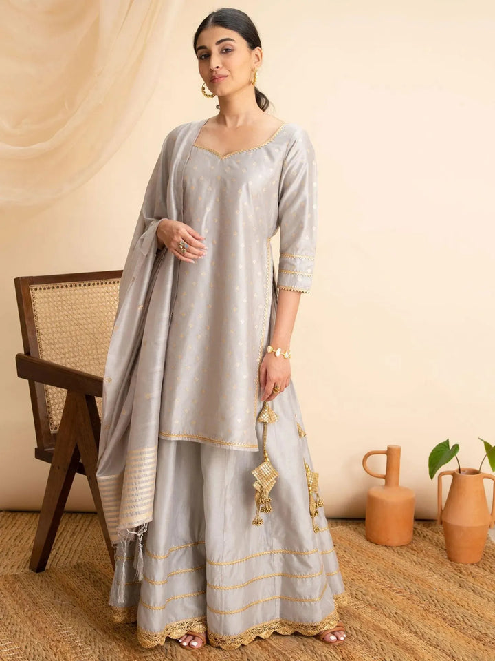 Grey Self Design Silk Suit Set - Libas