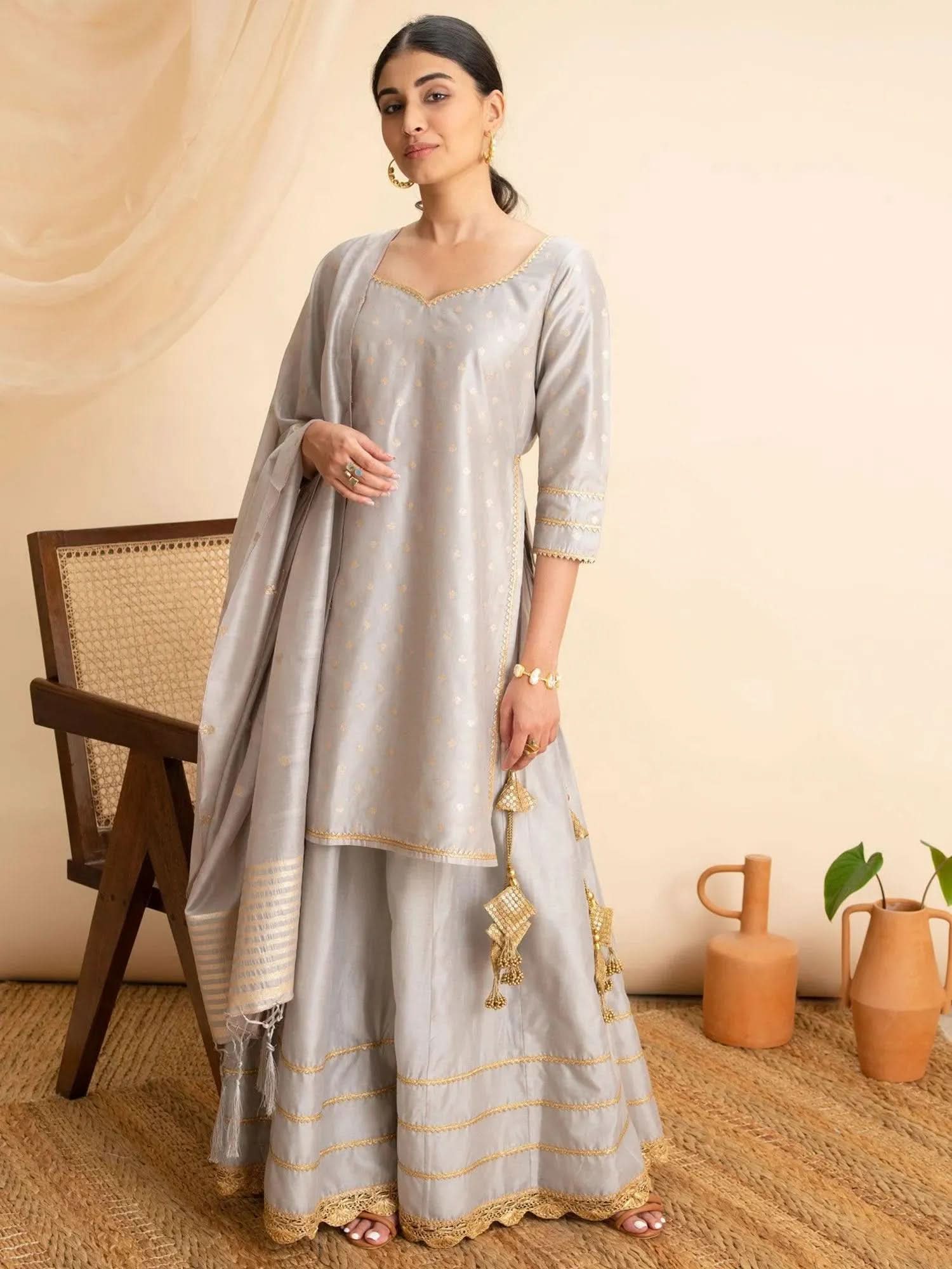 

Buy Grey Self Design Silk Suit Set - 20091O-XS | Libas Ethnic Wear Online