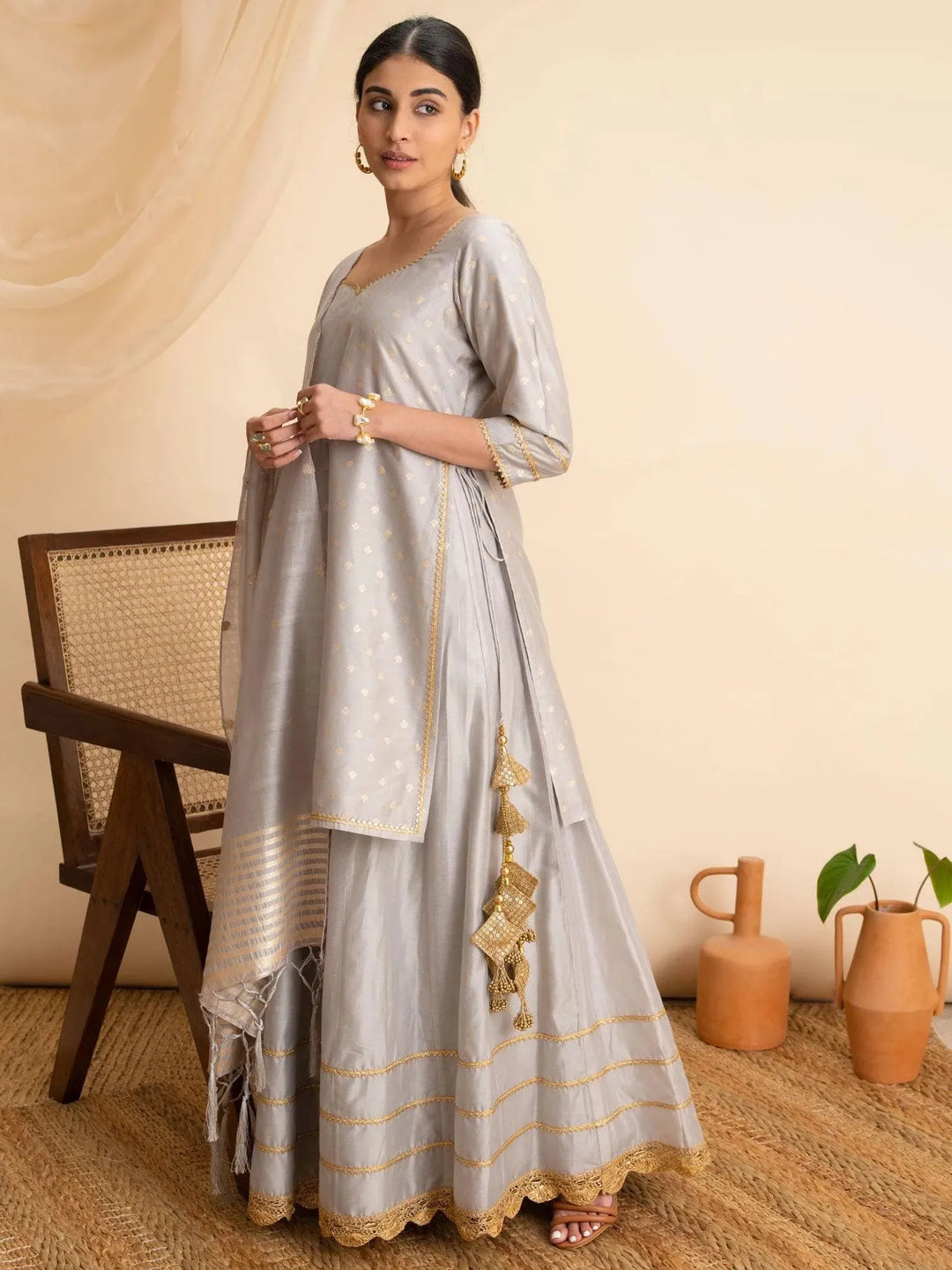Grey Self Design Silk Suit Set - Libas 