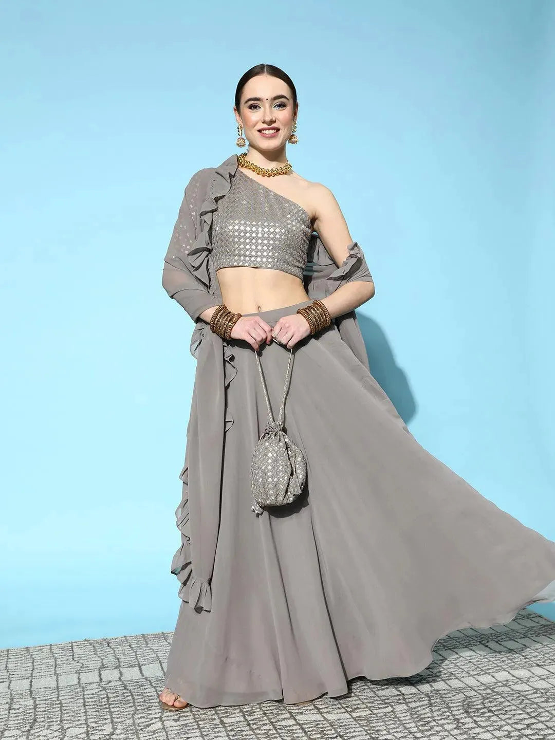 Grey Sequinned Georgette Lehenga Set With Potli - Libas 