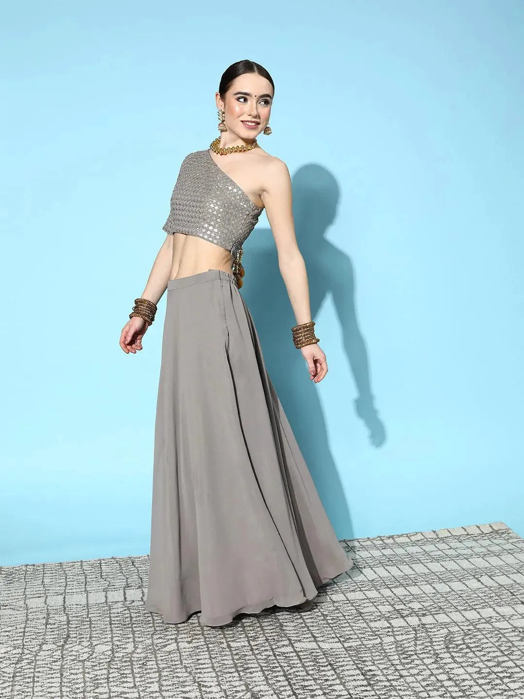 Grey Sequinned Georgette Lehenga Set With Potli - Libas 