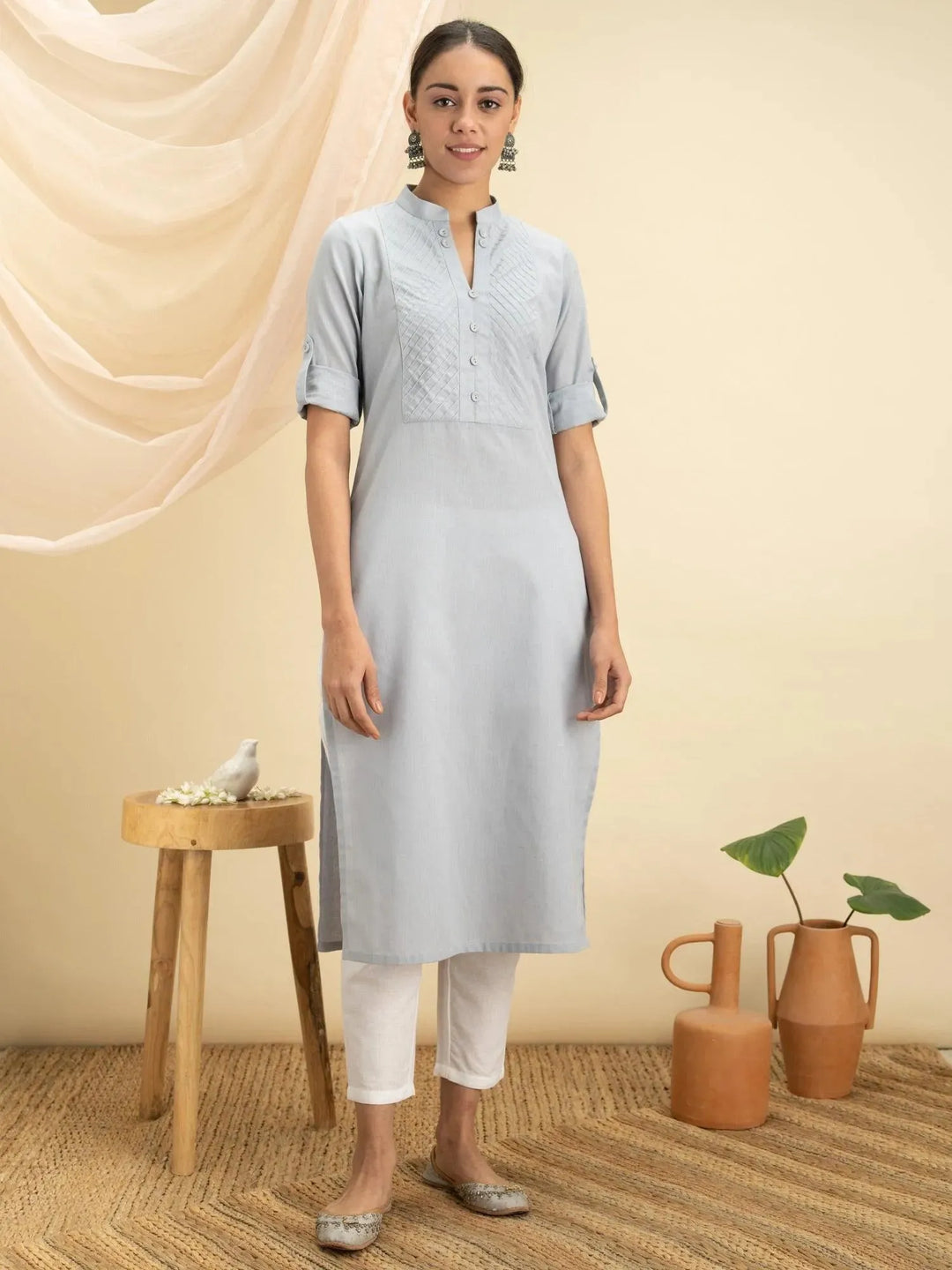 Grey Solid Cotton Kurta - Libas