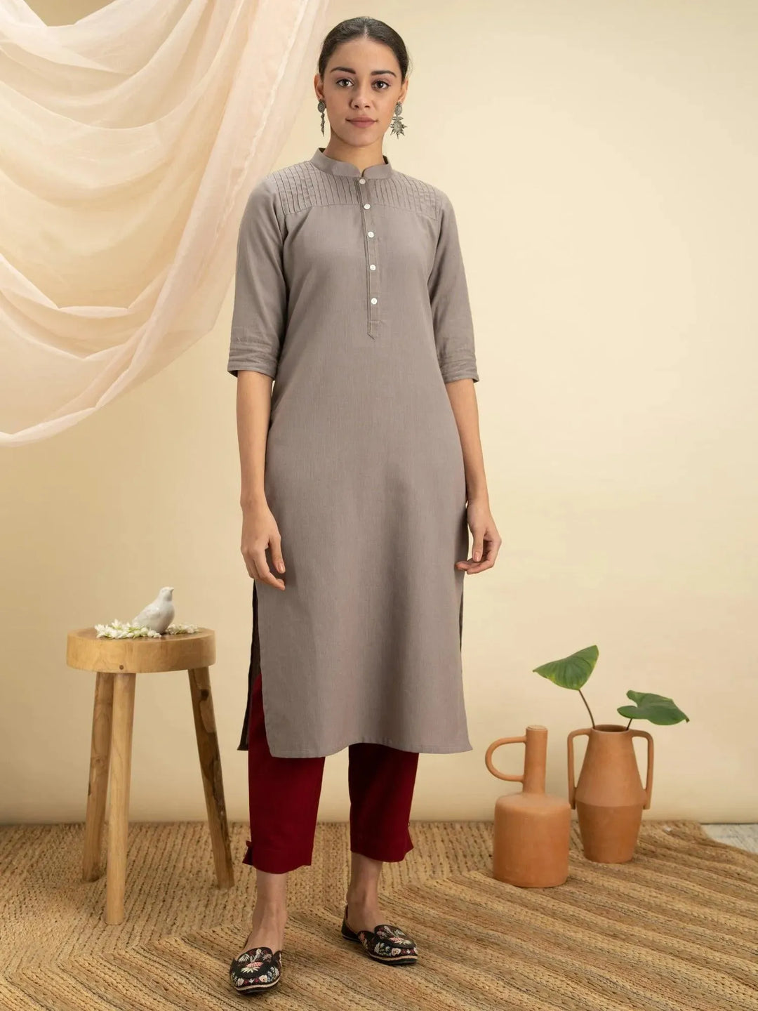 Grey Solid Cotton Kurta - Libas