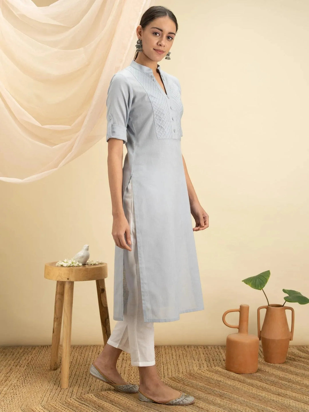 Grey Solid Cotton Kurta - Libas 