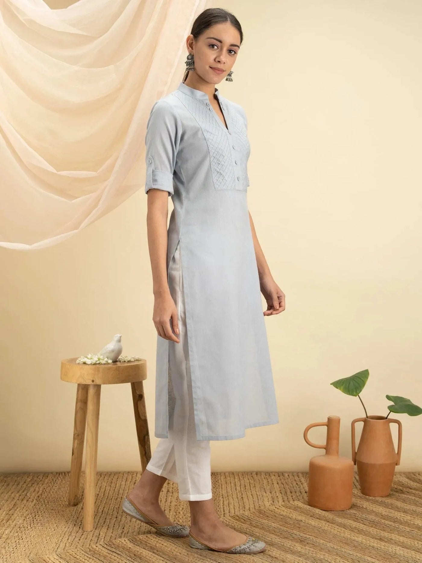 Grey Solid Cotton Kurta - Libas