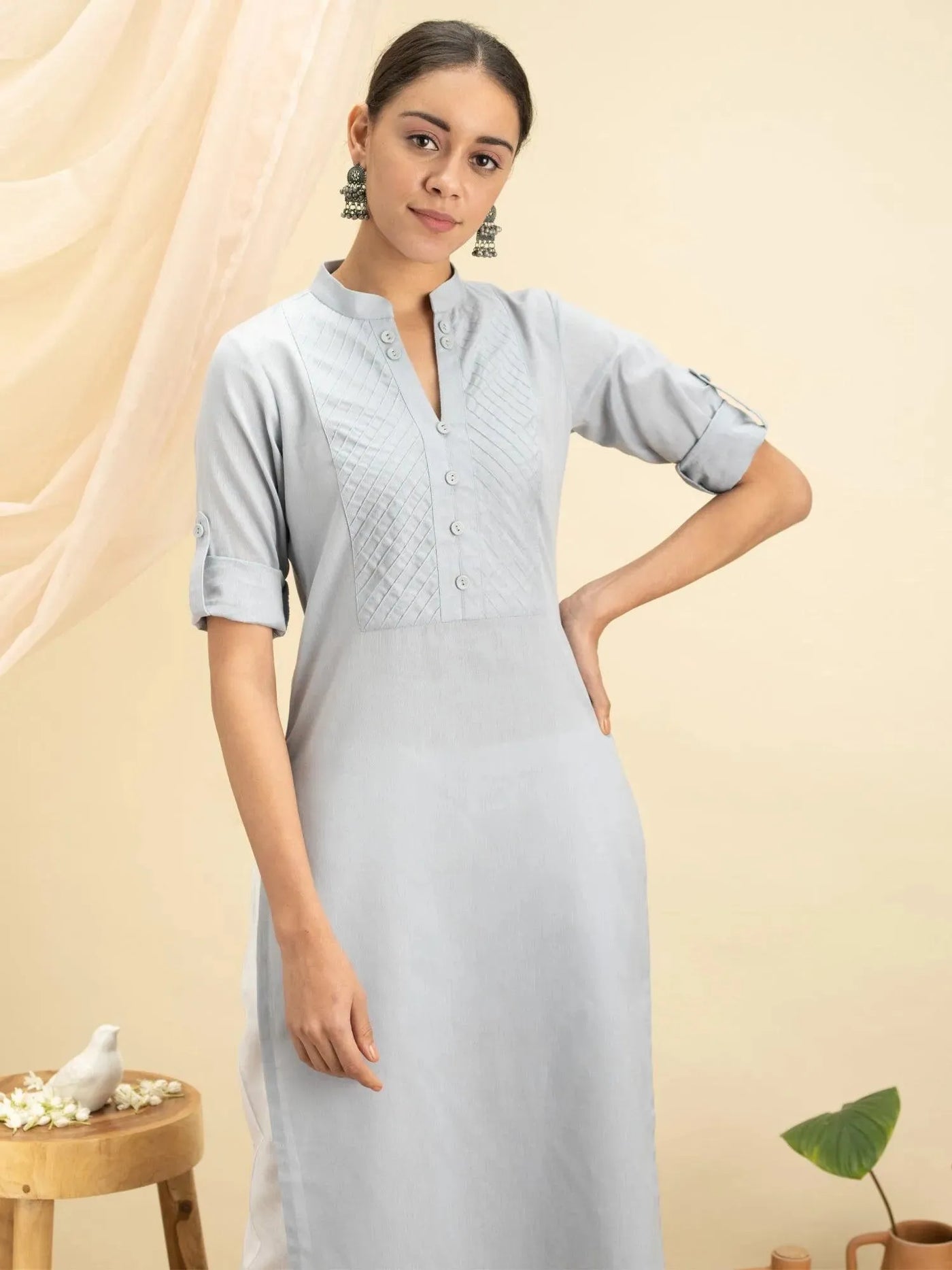 Grey Solid Cotton Kurta - Libas