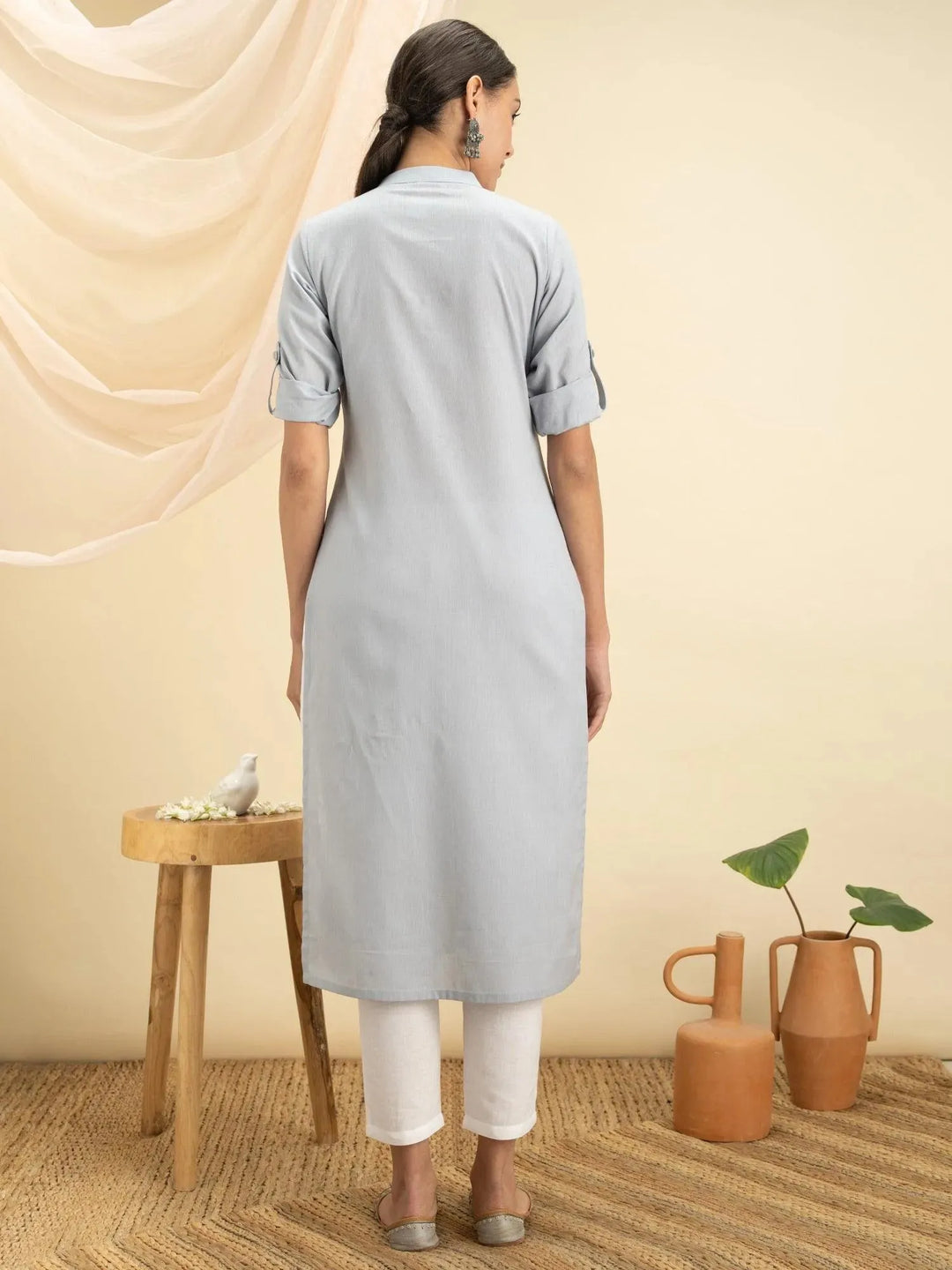 Grey Solid Cotton Kurta - Libas