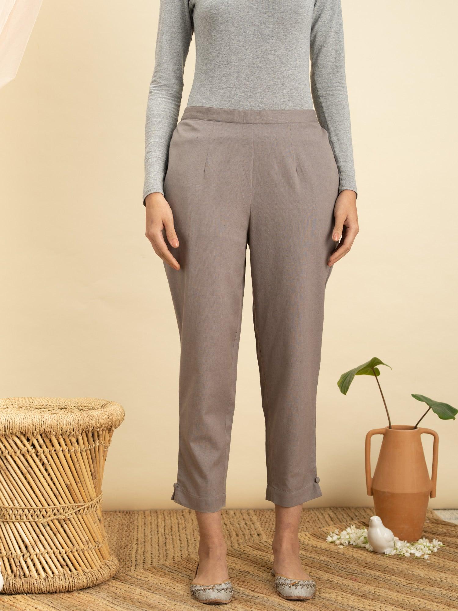 Grey Solid Cotton Trousers