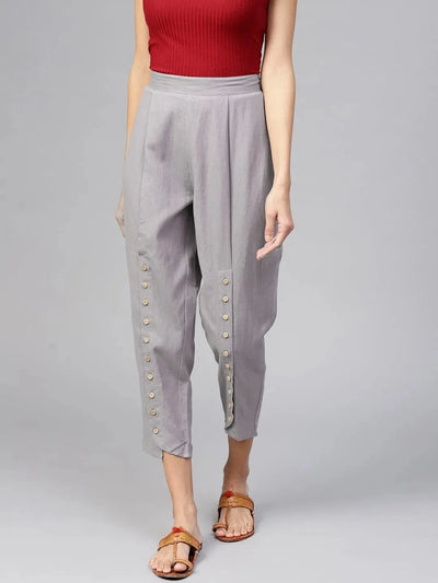 Grey Solid Cotton Trousers - Libas