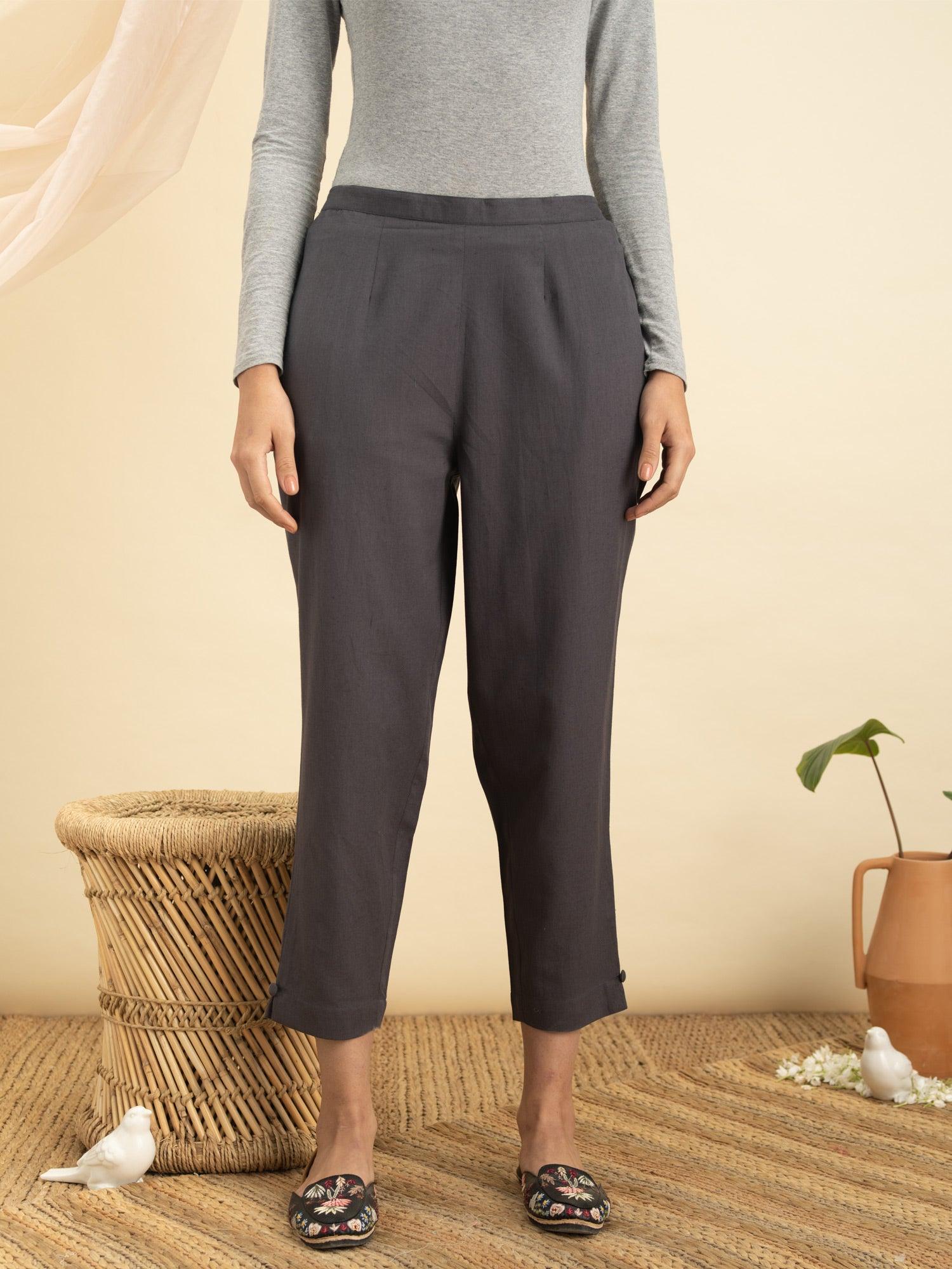 Grey Solid Cotton Trousers