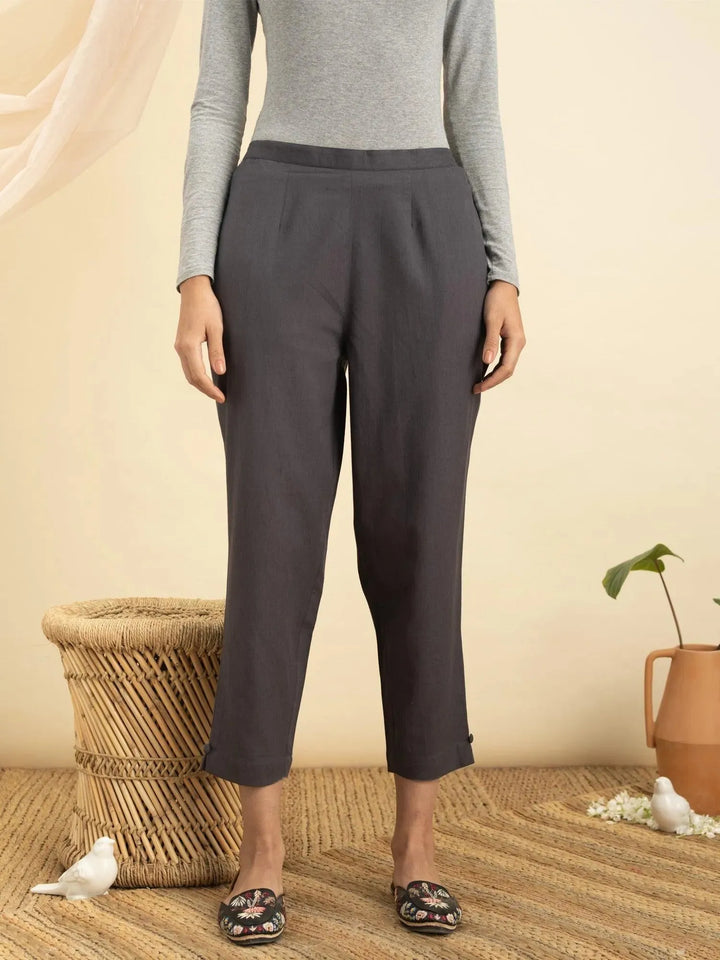 Grey Solid Cotton Trousers - Libas