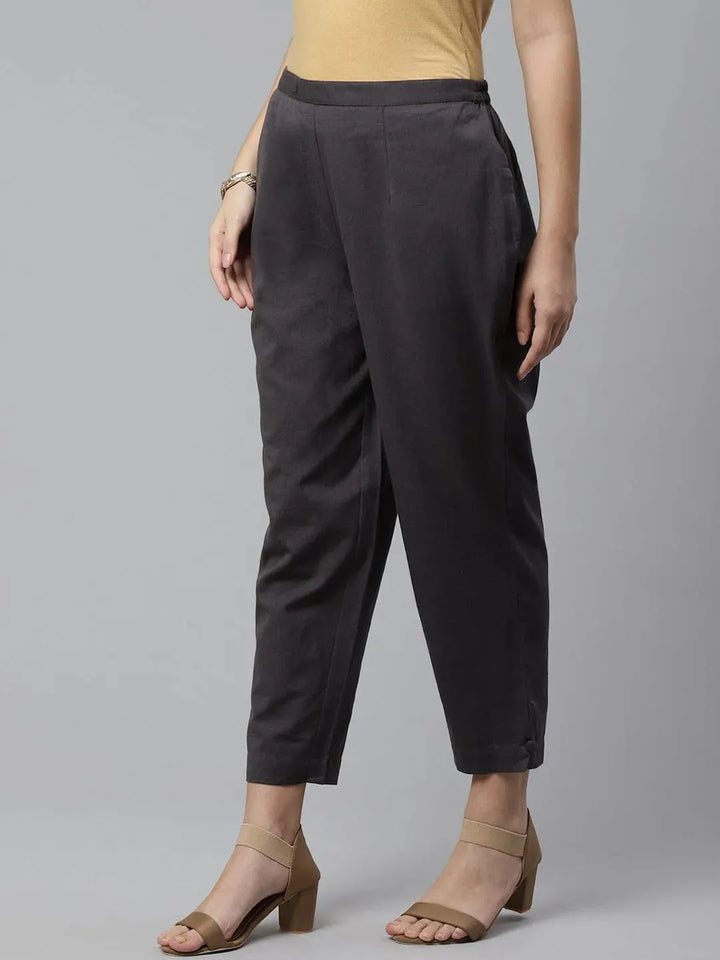 Grey Solid Cotton Trousers - Libas