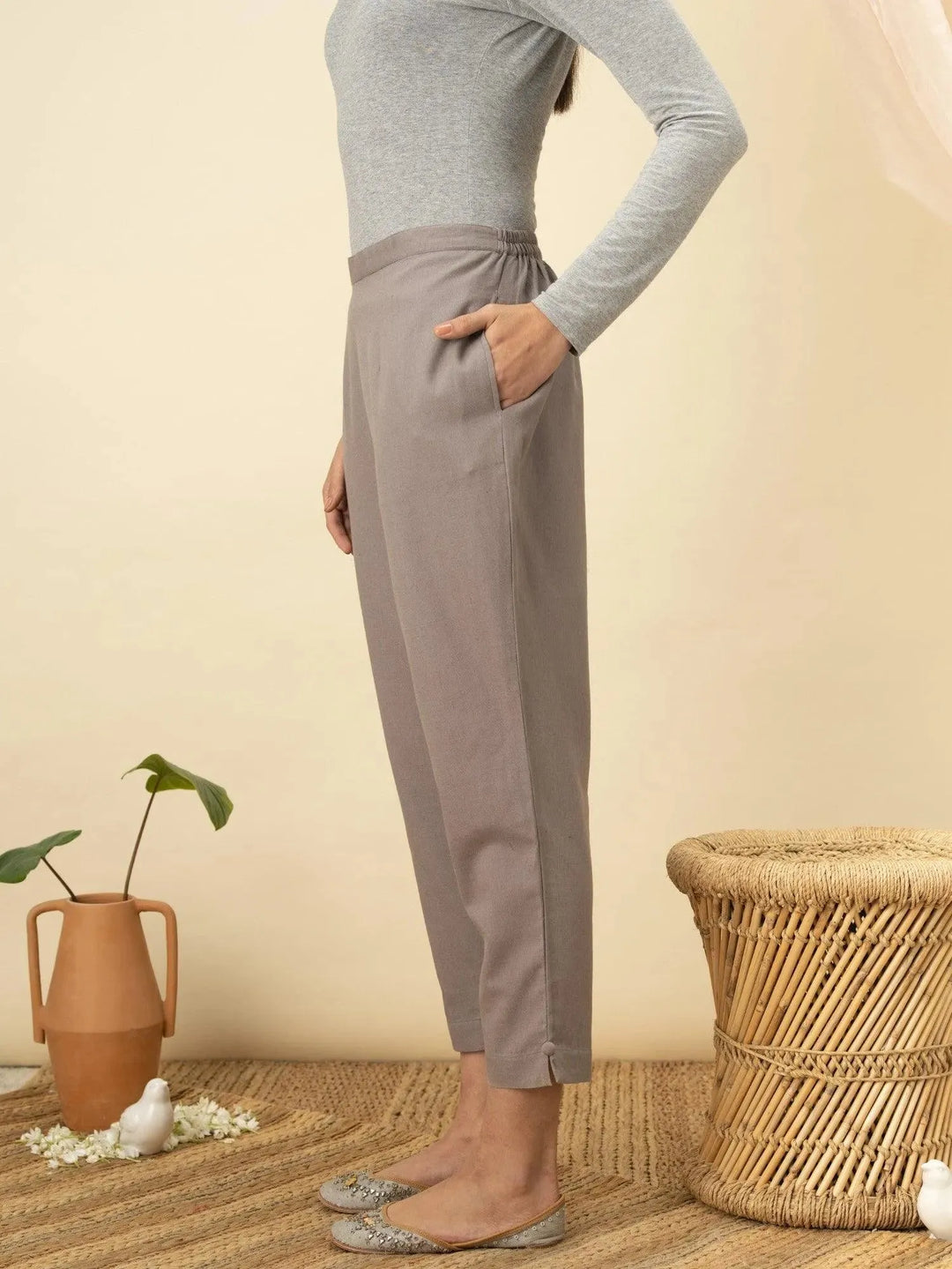 Grey Solid Cotton Trousers - Libas