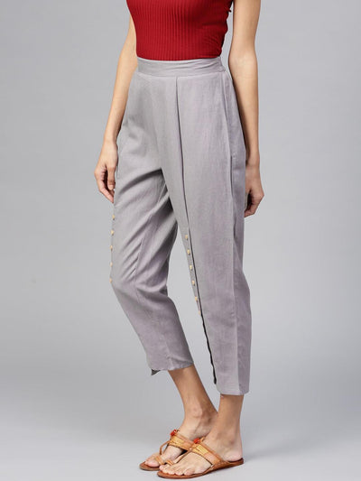 Grey Solid Cotton Trousers - Libas