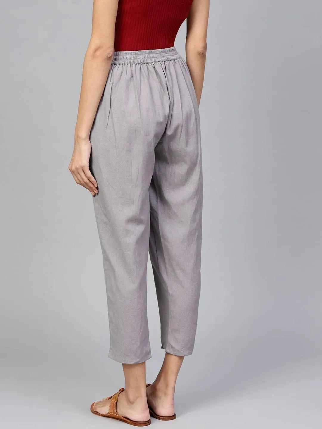 Grey Solid Cotton Trousers - Libas