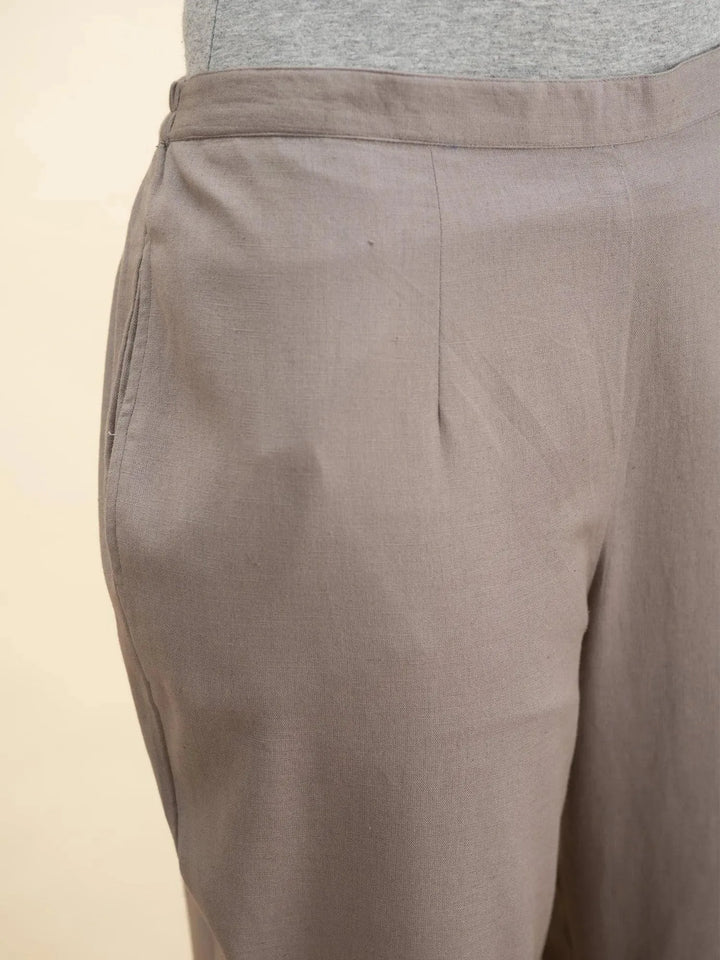 Grey Solid Cotton Trousers - Libas